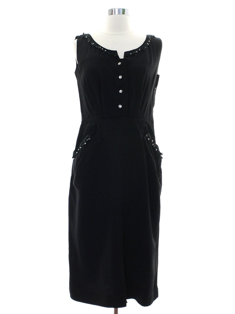 Vintage 1940s Black Rayon Beaded Rhinestone Midi Dress Women's S